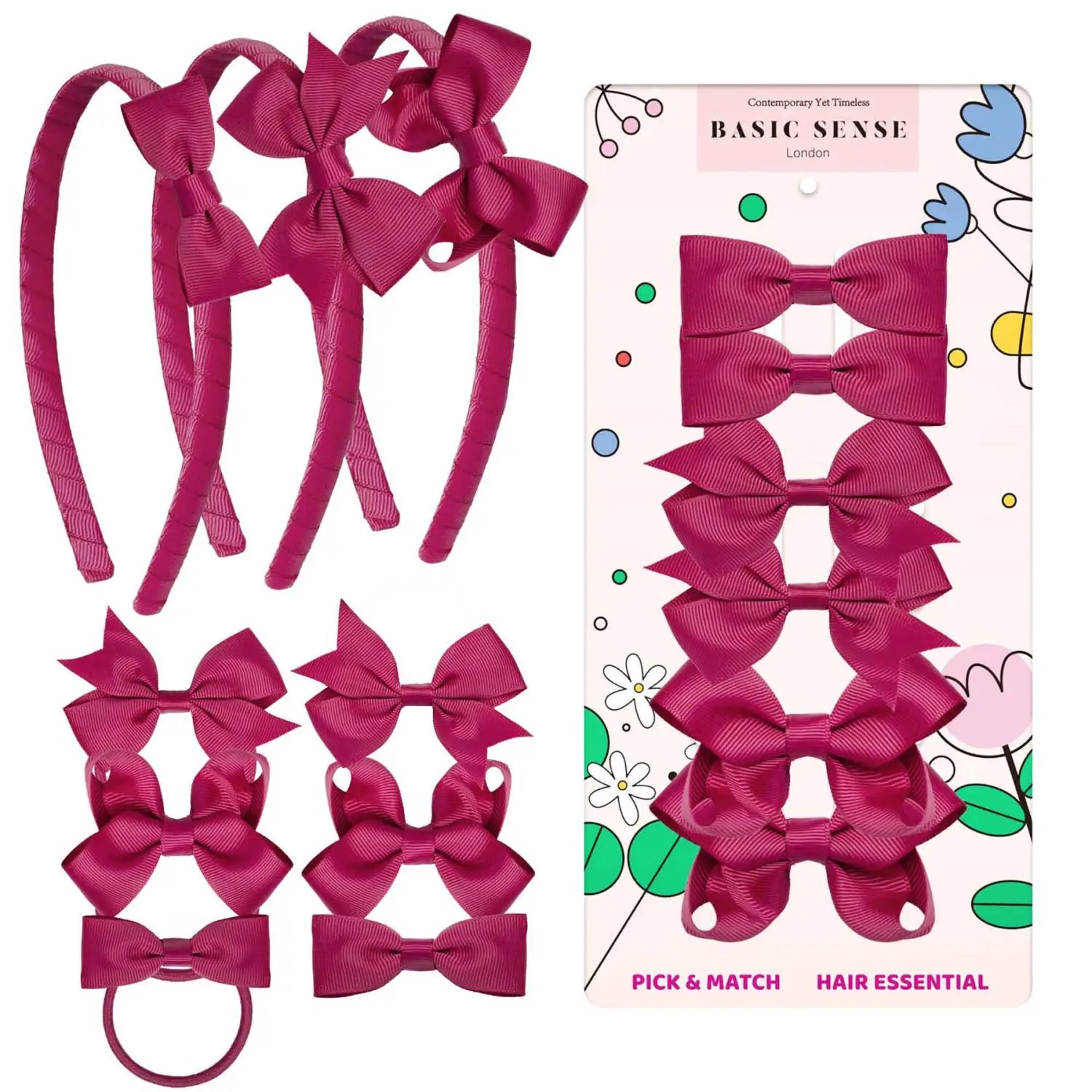 School Hair Accessories Set with Bow Alice Bands Alligator Clips & Elastics - Burgundy - Hair Accessory Set