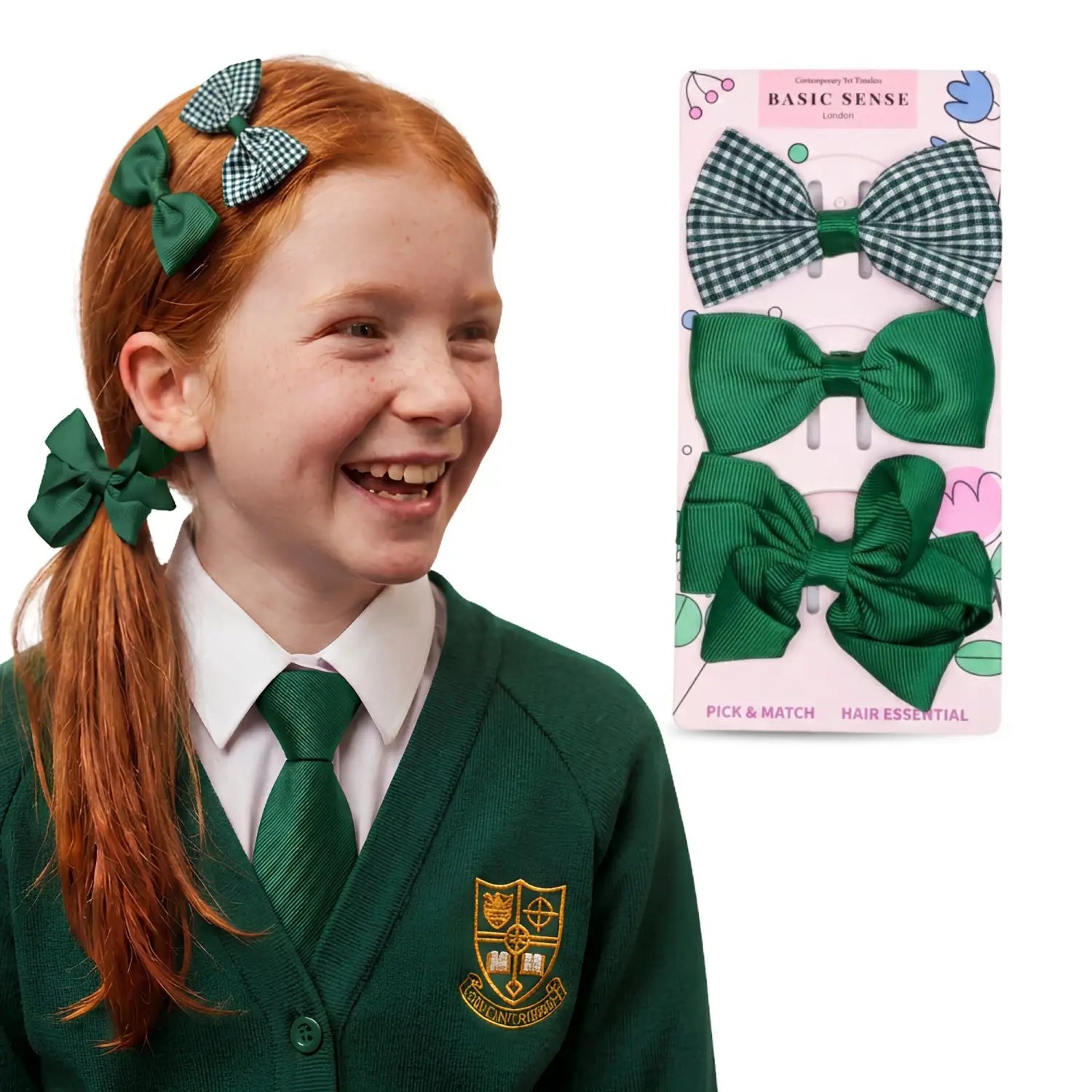 School Hair Bow Clips and Gingham Elastic Set for Girls - Green - Hair Accessory Set