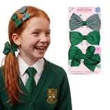 School Hair Bow Clips and Gingham Elastic Set for Girls - Green - Hair Accessory Set