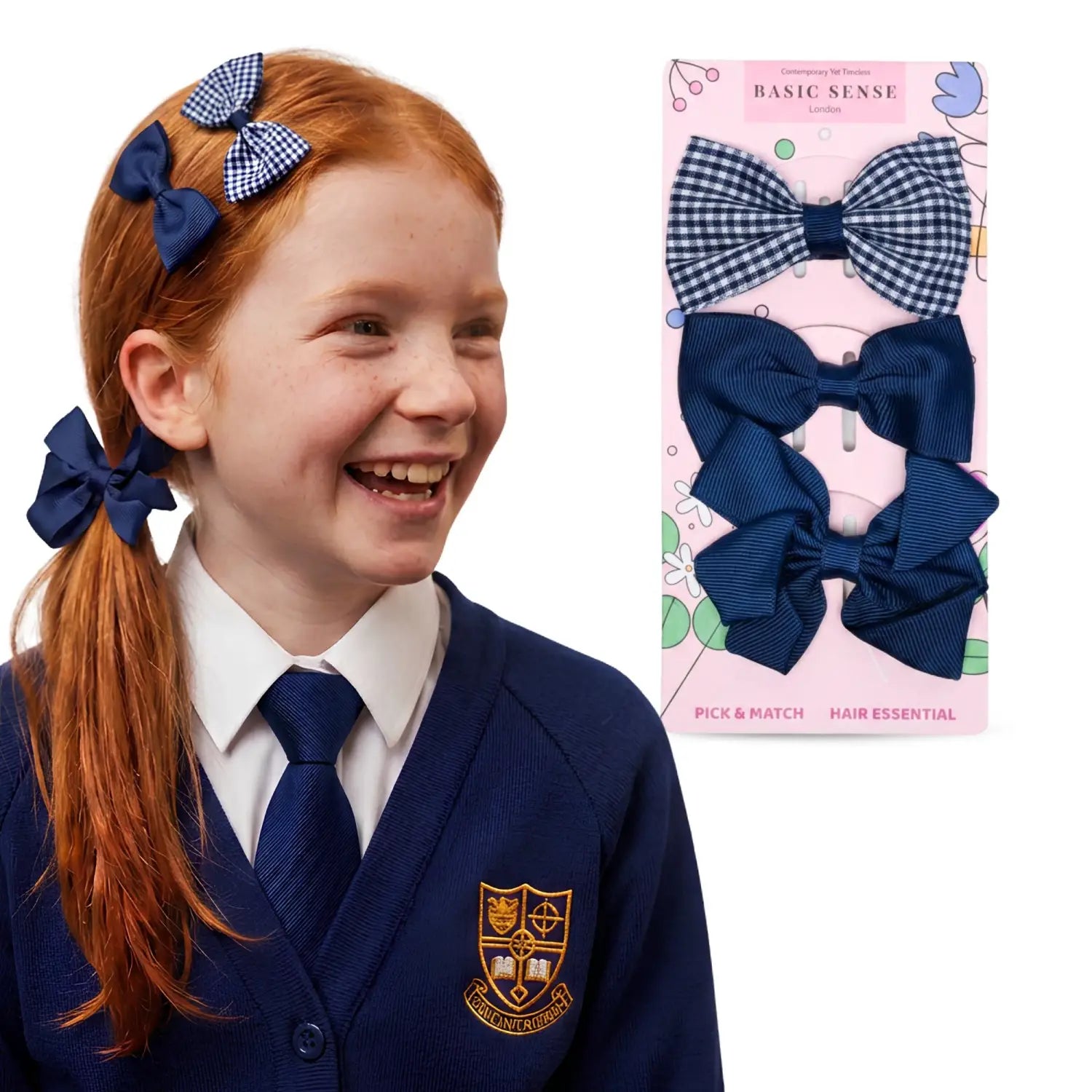School Hair Bow Clips and Gingham Elastic Set for Girls - Navy - Hair Accessory Set