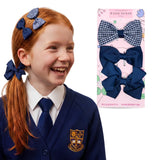 School Hair Bow Clips and Gingham Elastic Set for Girls - Navy - Hair Accessory Set