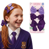School Hair Bow Clips and Gingham Elastic Set for Girls - Purple - Hair Accessory Set