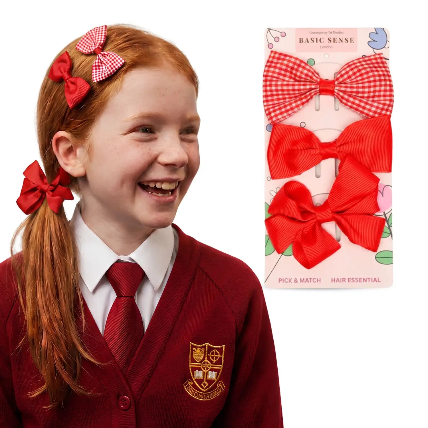 School Hair Bow Clips and Gingham Elastic Set for Girls - Red - Hair Accessory Set