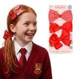 School Hair Bow Clips and Gingham Elastic Set for Girls - Red - Hair Accessory Set