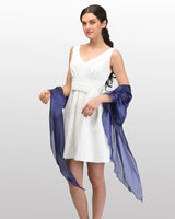 Woman wearing white dress and blue scarf, Sheer Shimmer Evening Lightweight Stole
