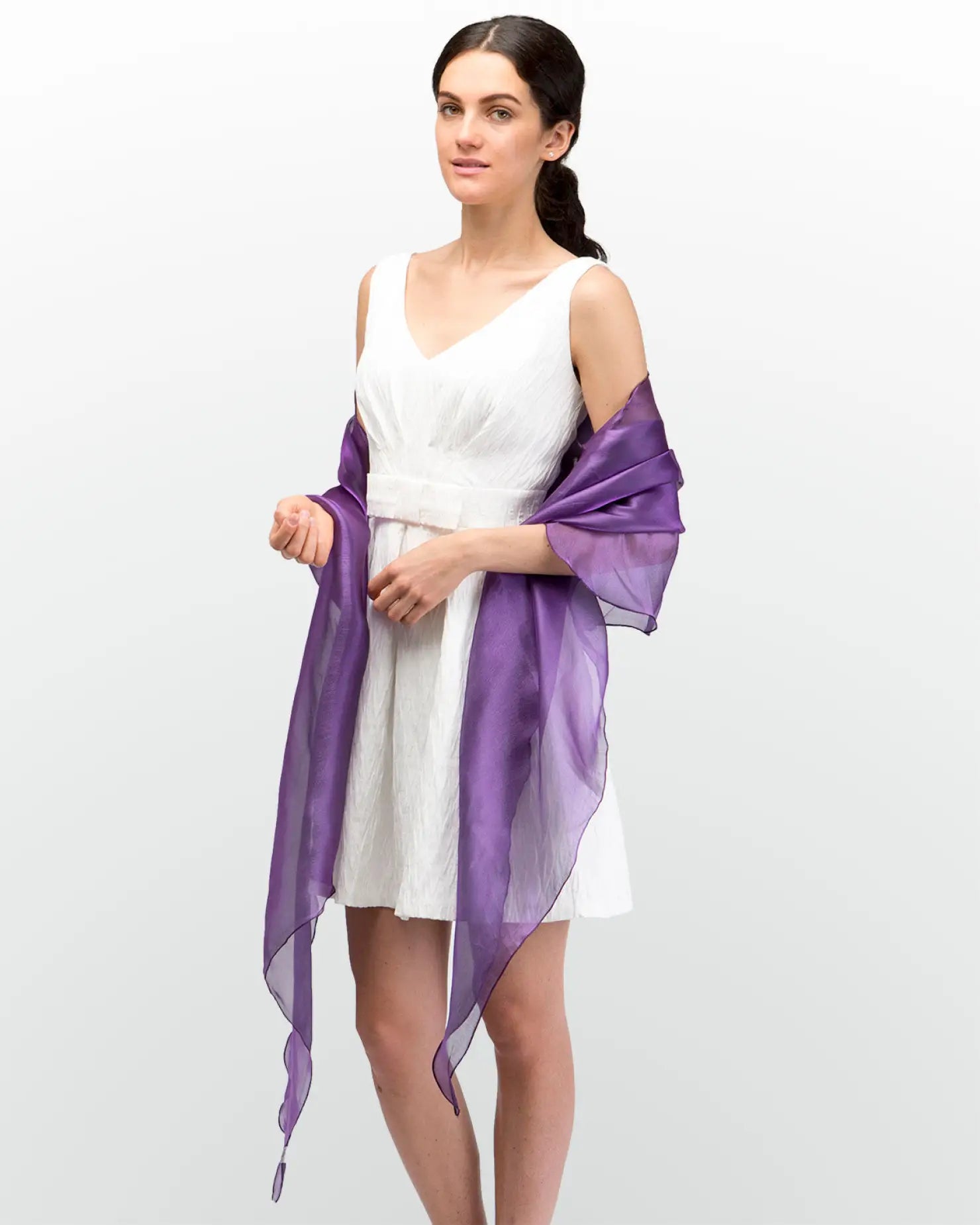 Woman wearing white dress and purple scarf, Sheer Shimmer Evening Lightweight Stole