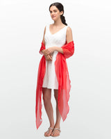Woman wearing white dress and red scarf, Sheer Shimmer Evening Lightweight Stole