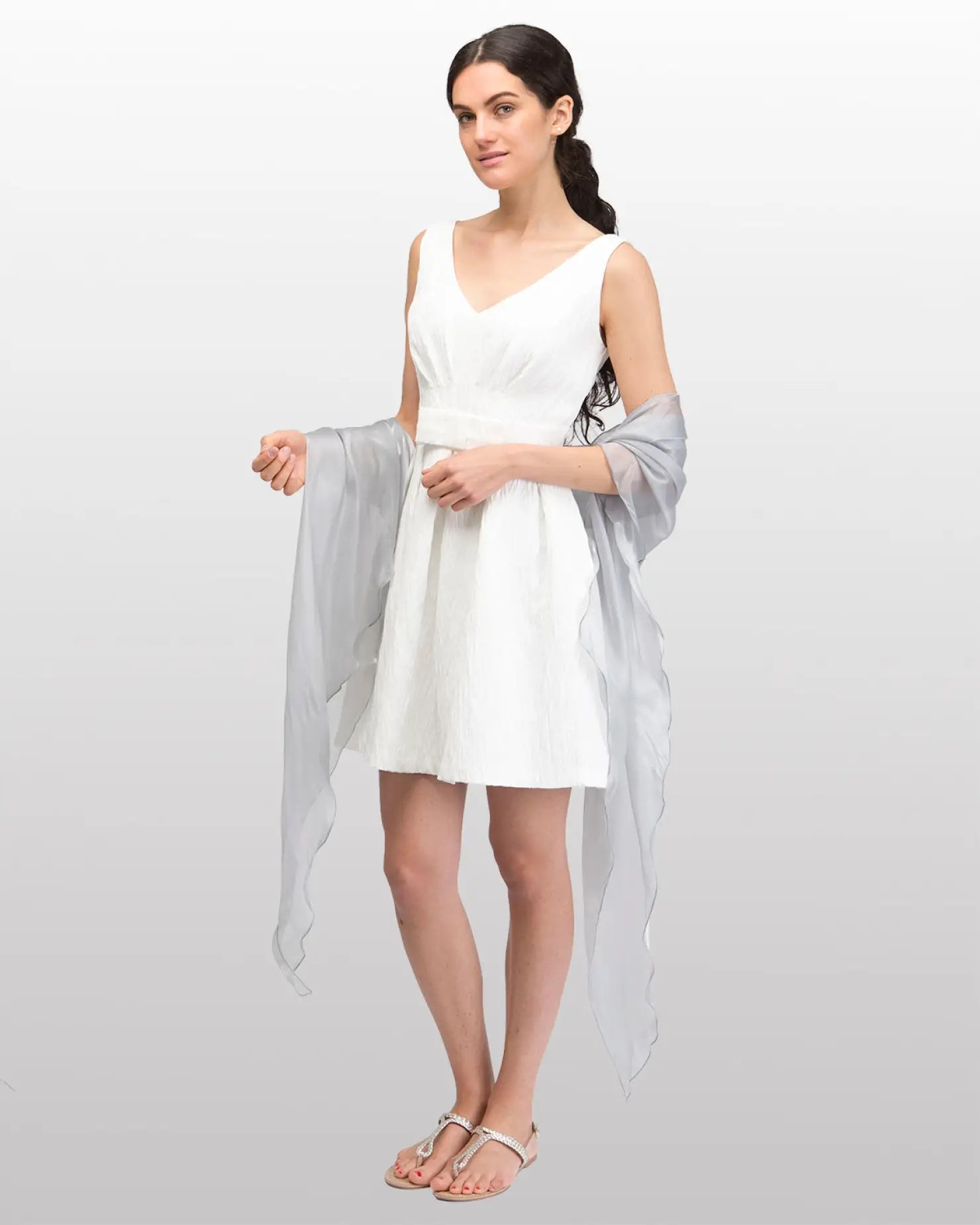 Sheer shimmer evening lightweight stole with woman in white dress.