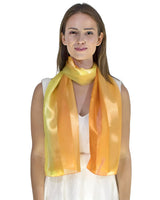 Woman wearing a yellow two-tone satin stripe scarf
