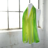 Green and yellow satin stripe scarf on mannequin - Shimmer Stripe Satin Scarf | Two-Tone Colors