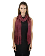 Woman wearing a red shimmering lurex scarf.