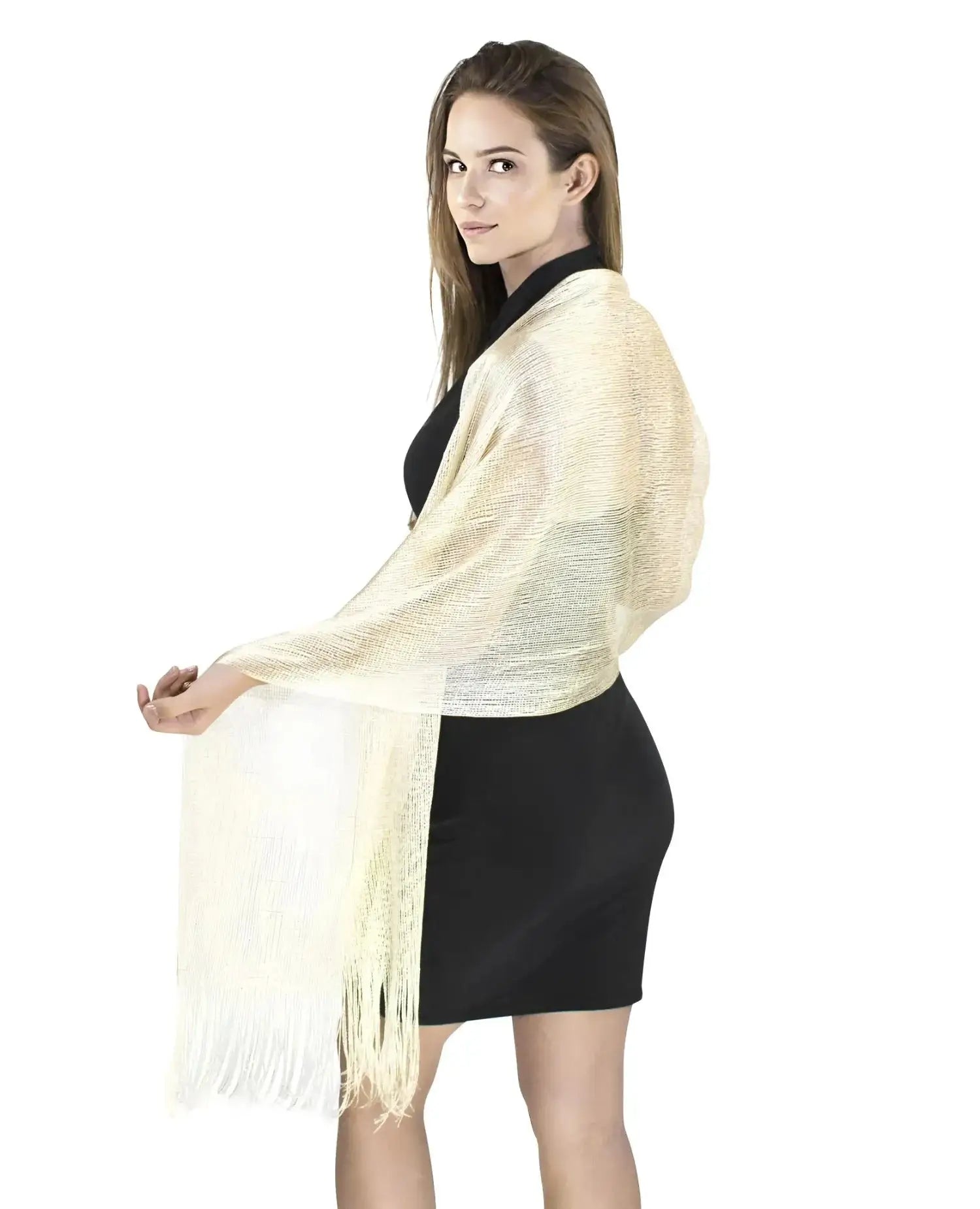Woman wearing a shimmering lurex fishnet evening shawl.