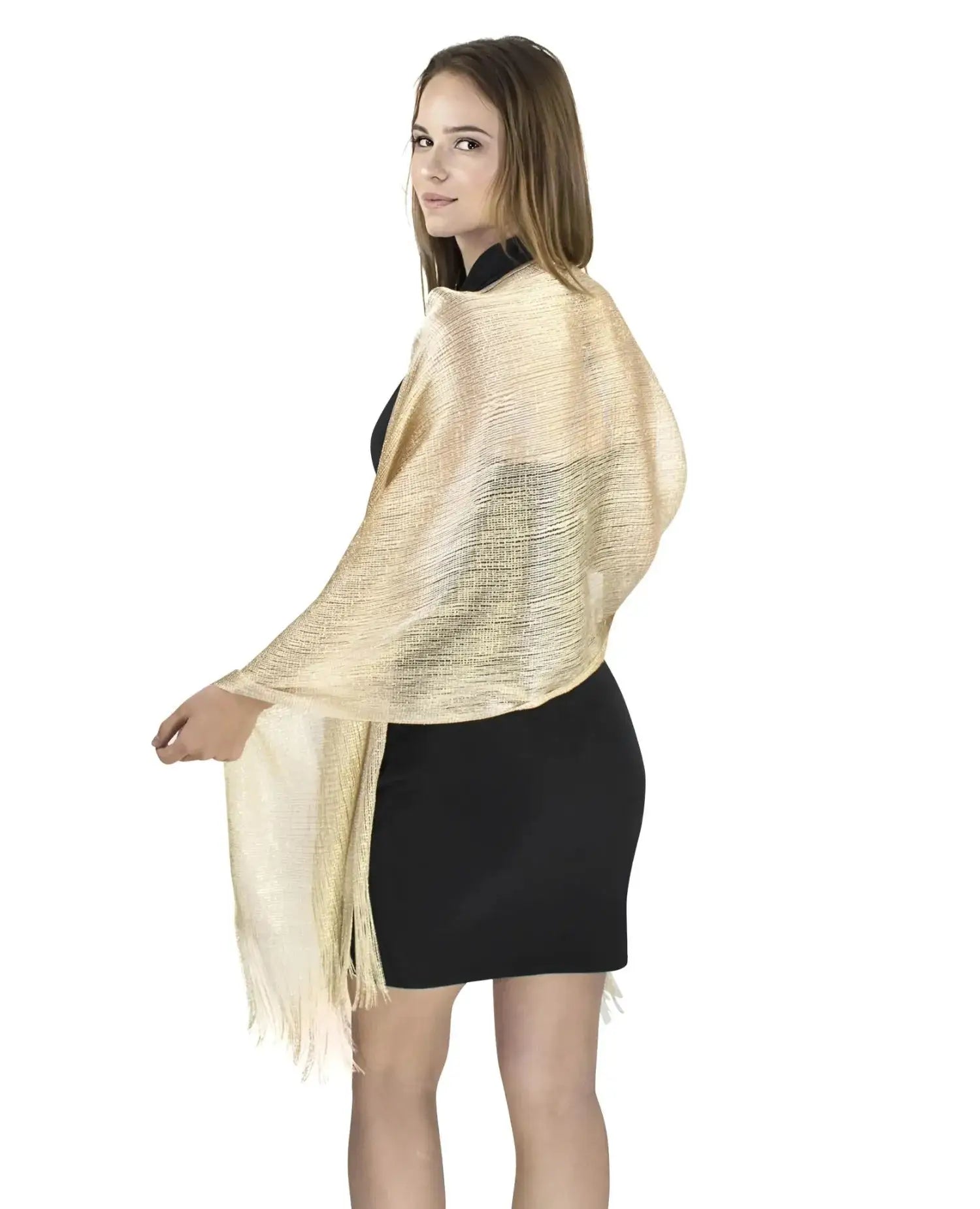 Woman wearing gold lurex shawl - Shimmering Lurex Scarf Fishnet Evening Shawl Scarves
