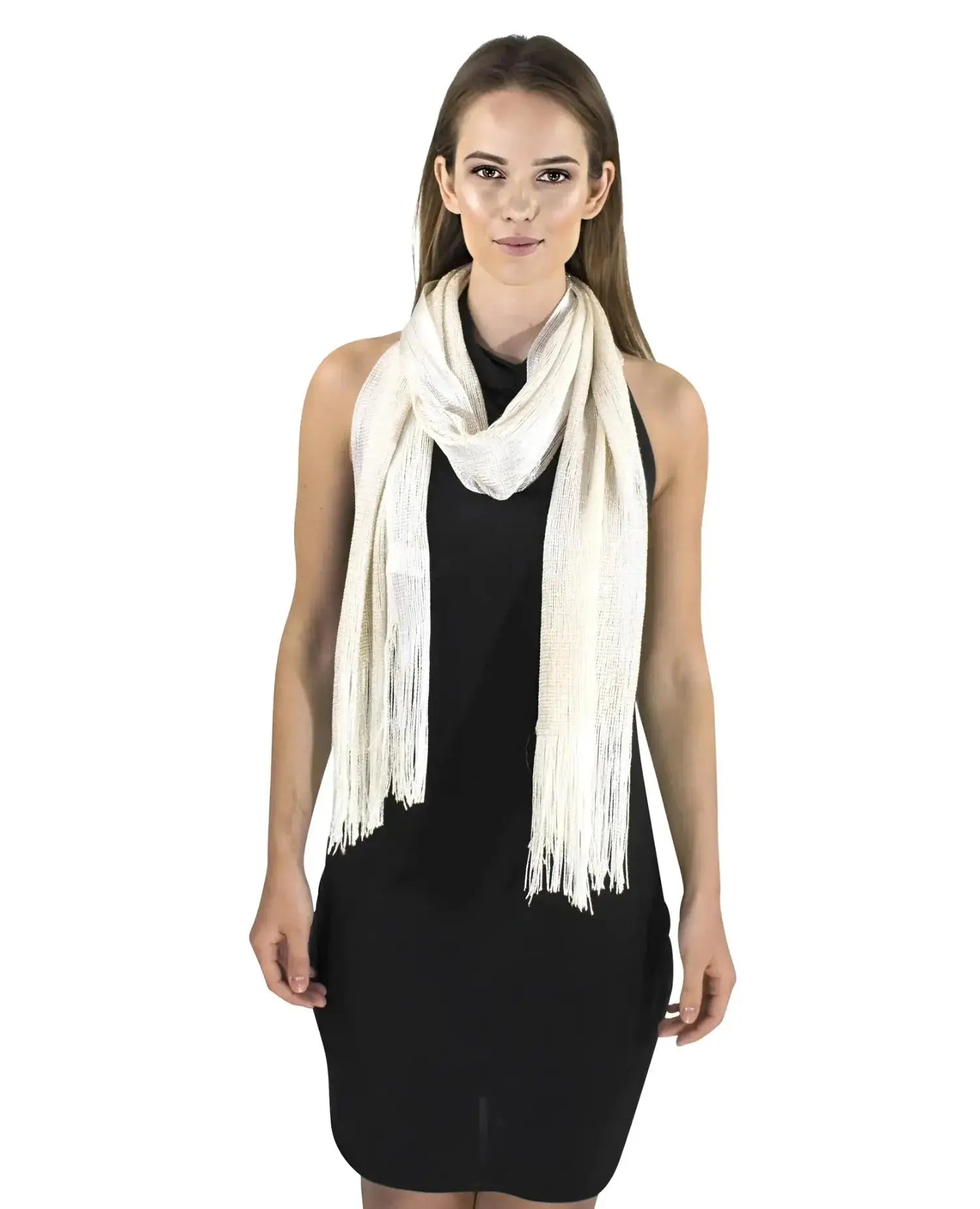 Woman wearing white shimmering lurex fishnet evening scarf