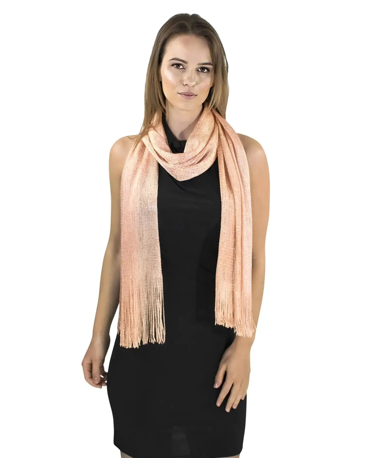 Shimmering lurex fishnet evening shawl scarf worn by woman in pink