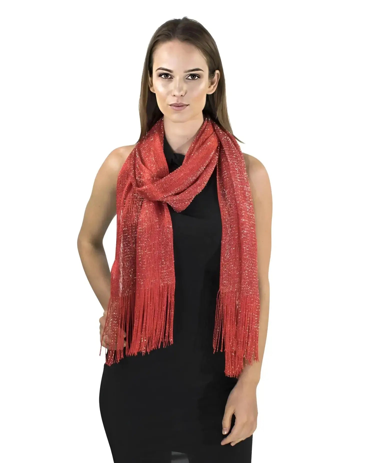 Woman wearing red shimmering lurex scarf from Shimmering Lurex Scarf Fishnet Evening Shawl Scarves