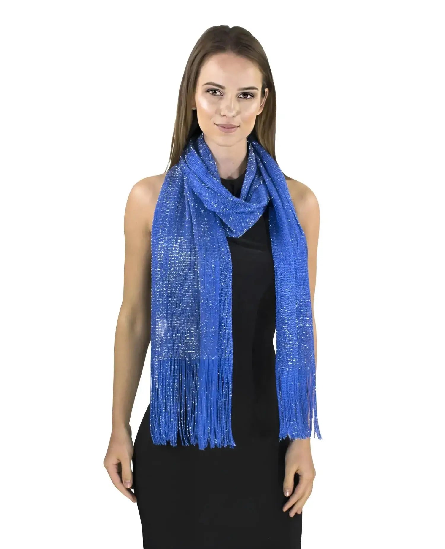 Shimmering lurex fishnet scarf worn by woman