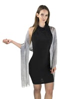 Woman wearing black dress and silver scarf from Shimmering Lurex Scarf Fishnet Evening Shawl Scarves.