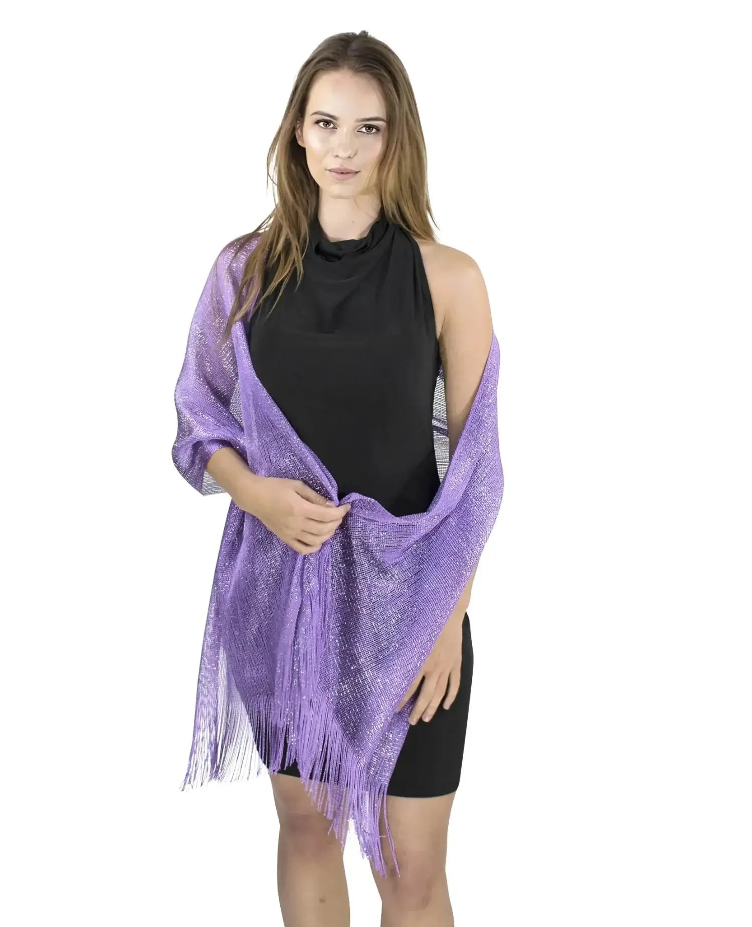 woman wearing purple shimmering lurex fishnet evening shawl scarf