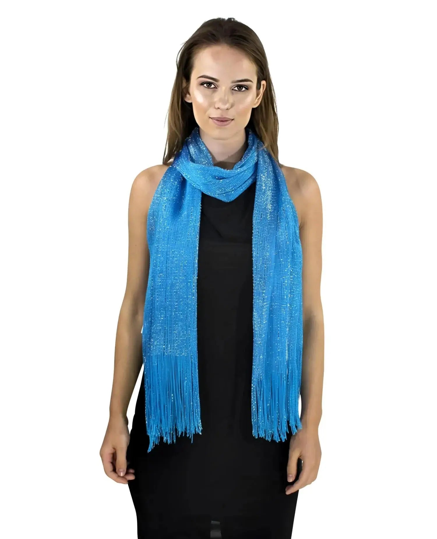 Woman wearing blue shimmering lurex fishnet evening shawl scarf from Shimmering Lurex Scarf Fishnet Evening Shawl Scarves.