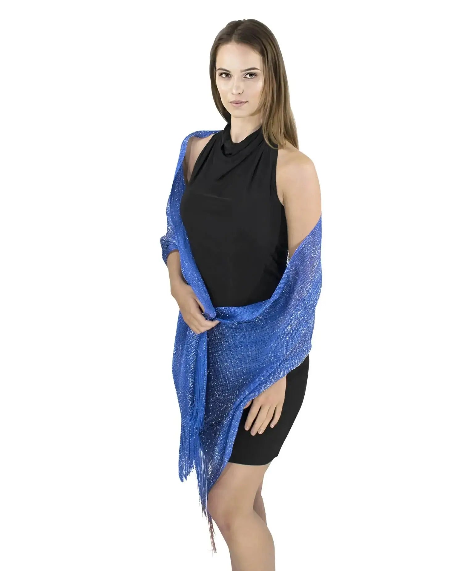 Woman wearing blue shawl from Shimmering Lurex Scarf Fishnet Evening Shawl Scarves