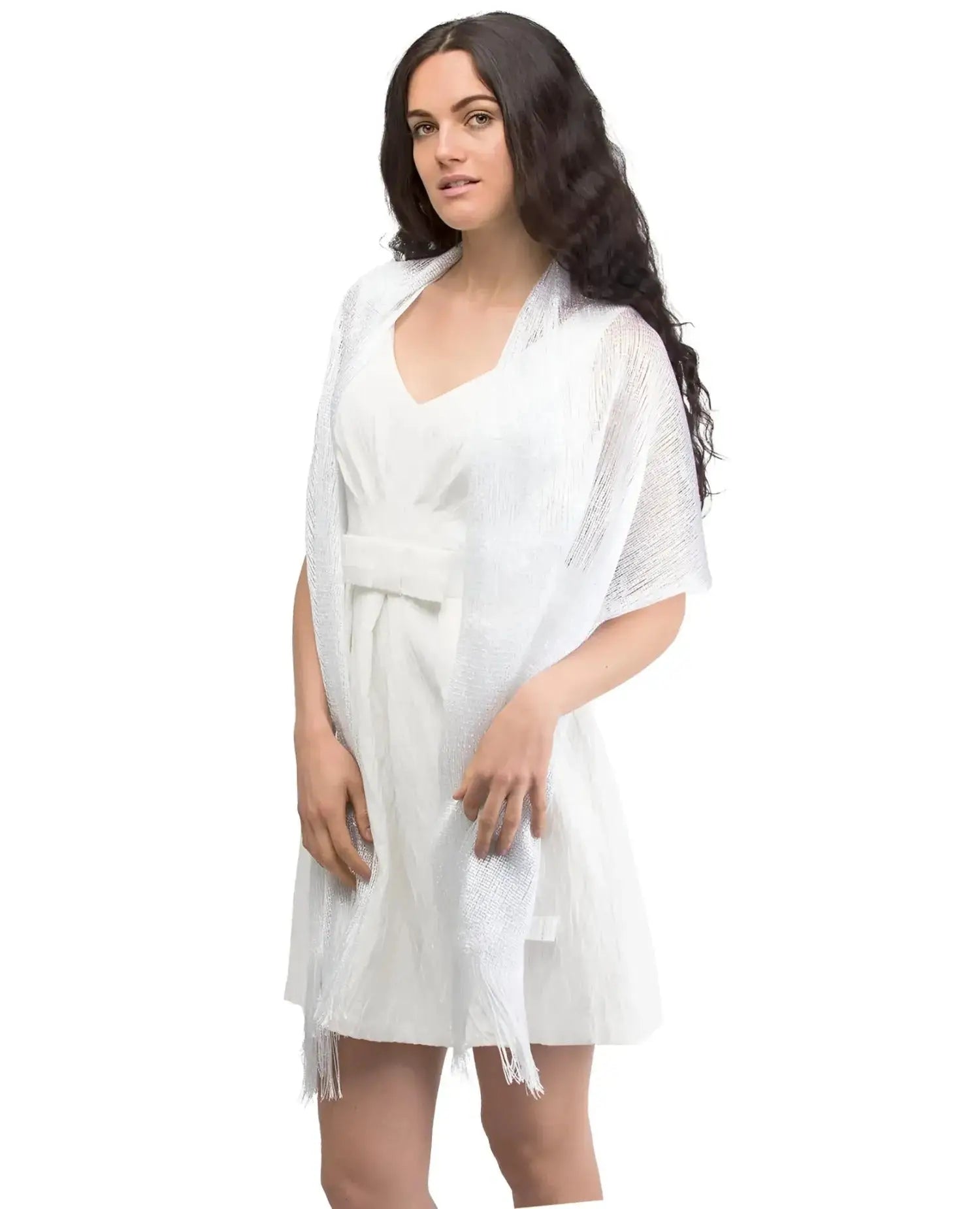 Woman in white dress featuring Shimmering Lurex Fishnet Evening Shawl