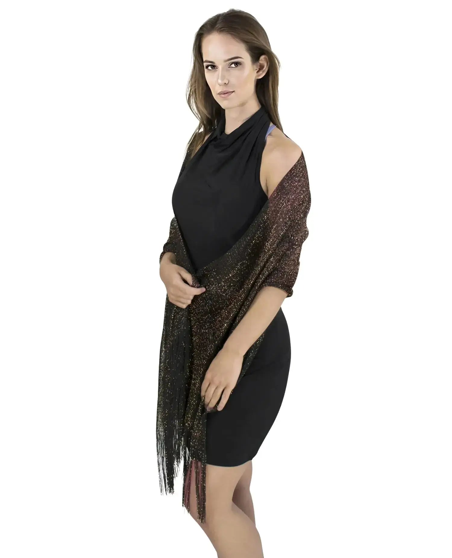 Black dress woman wearing Shimmering Lurex Scarf from product ’Shimmering Lurex Scarf Fishnet Evening Shawl Scarves’