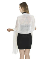 Woman wearing white shrug jacket - Shimmering Lurex Fishnet Shawl