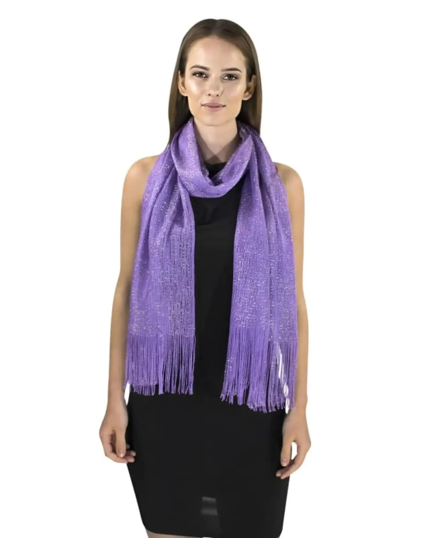 Woman wearing a shimmering lurex scarf from Shimmering Lurex Scarf Fishnet Evening Shawl Scarves.