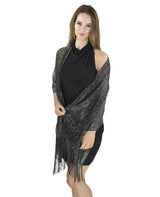 Woman wearing shimmering lurex fishnet evening shawl