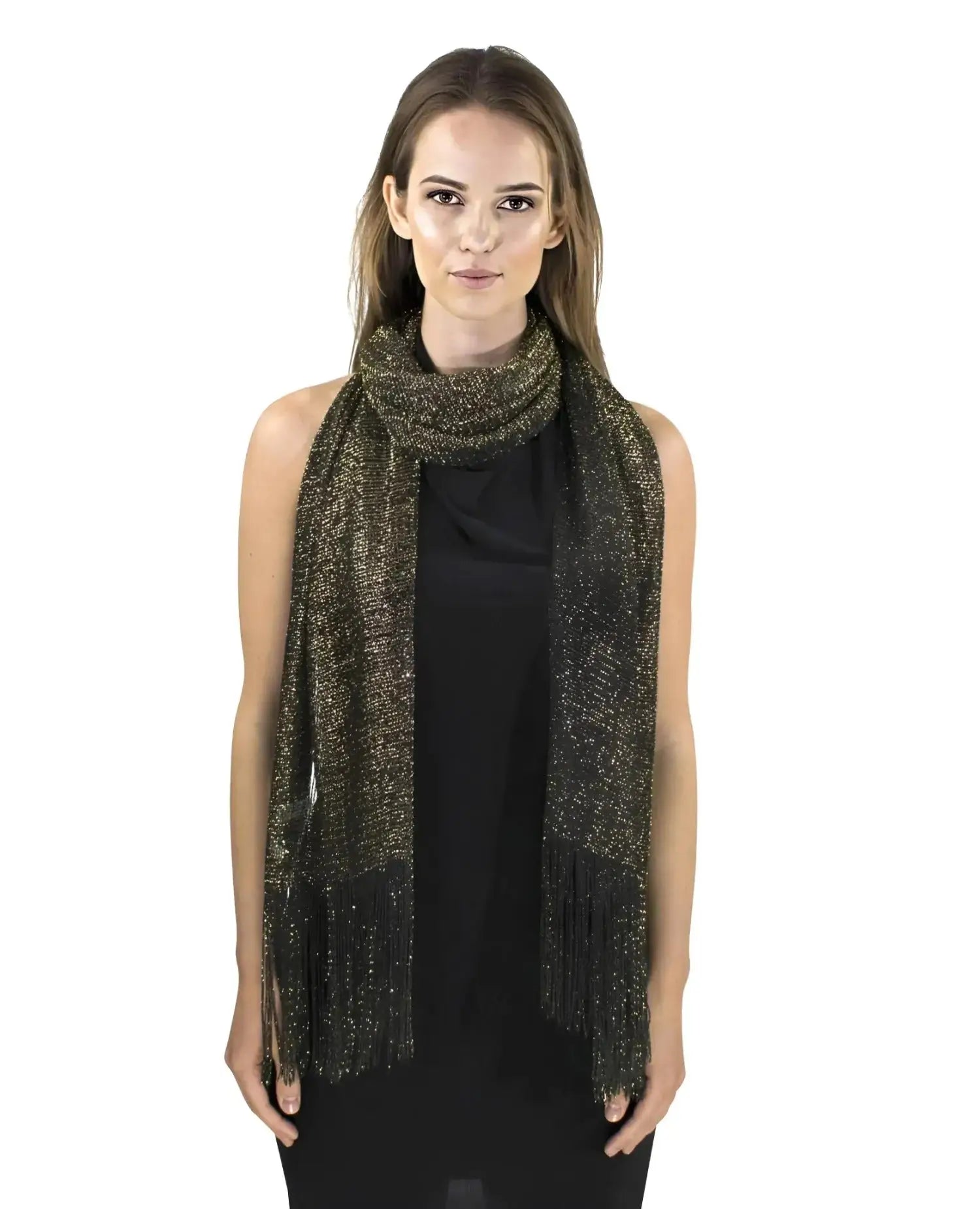 Woman in black top and gold scarf from Shimmering Lurex Fishnet Evening Shawl Scarves.