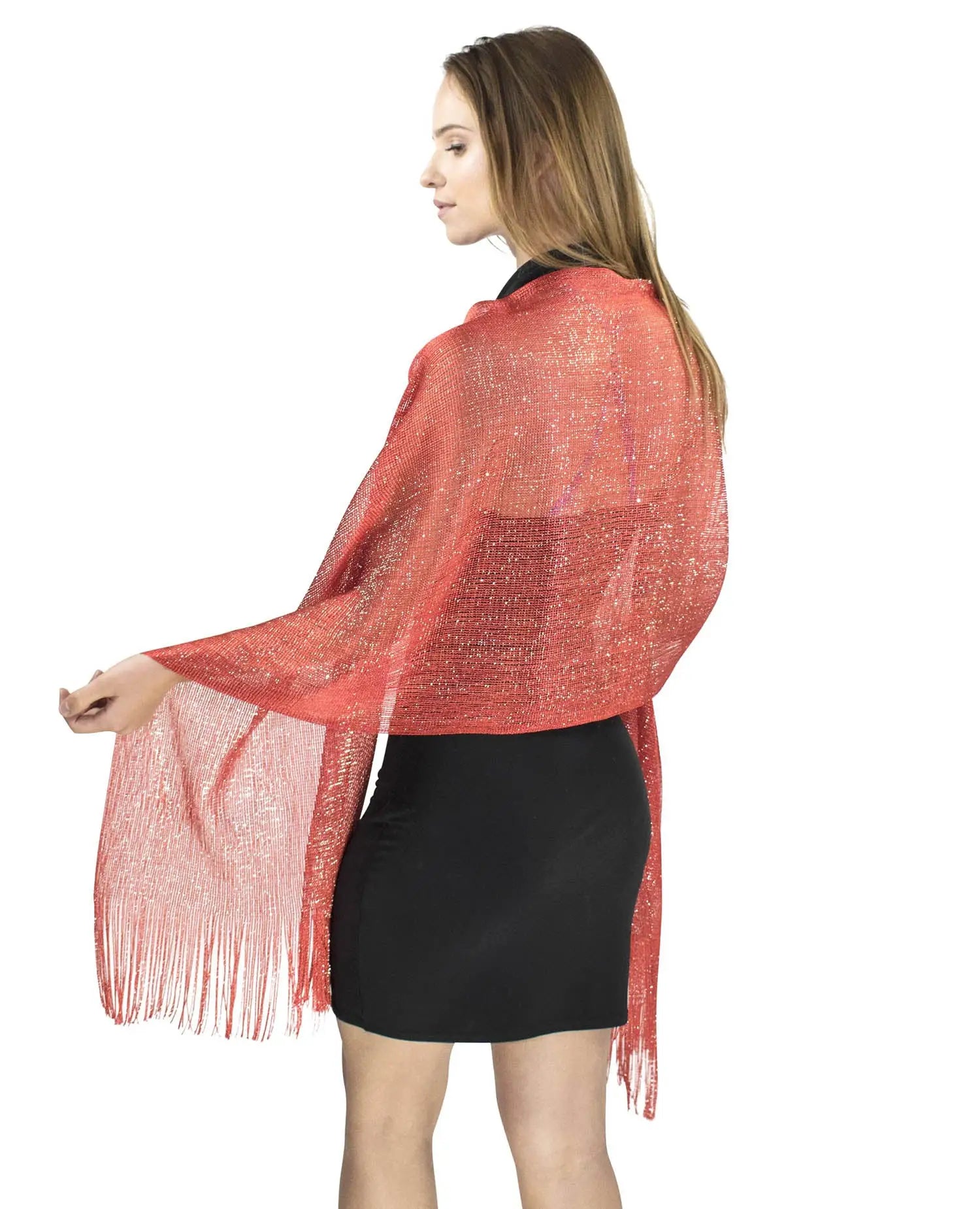 Woman in red shimmering lurex fishnet shawl.