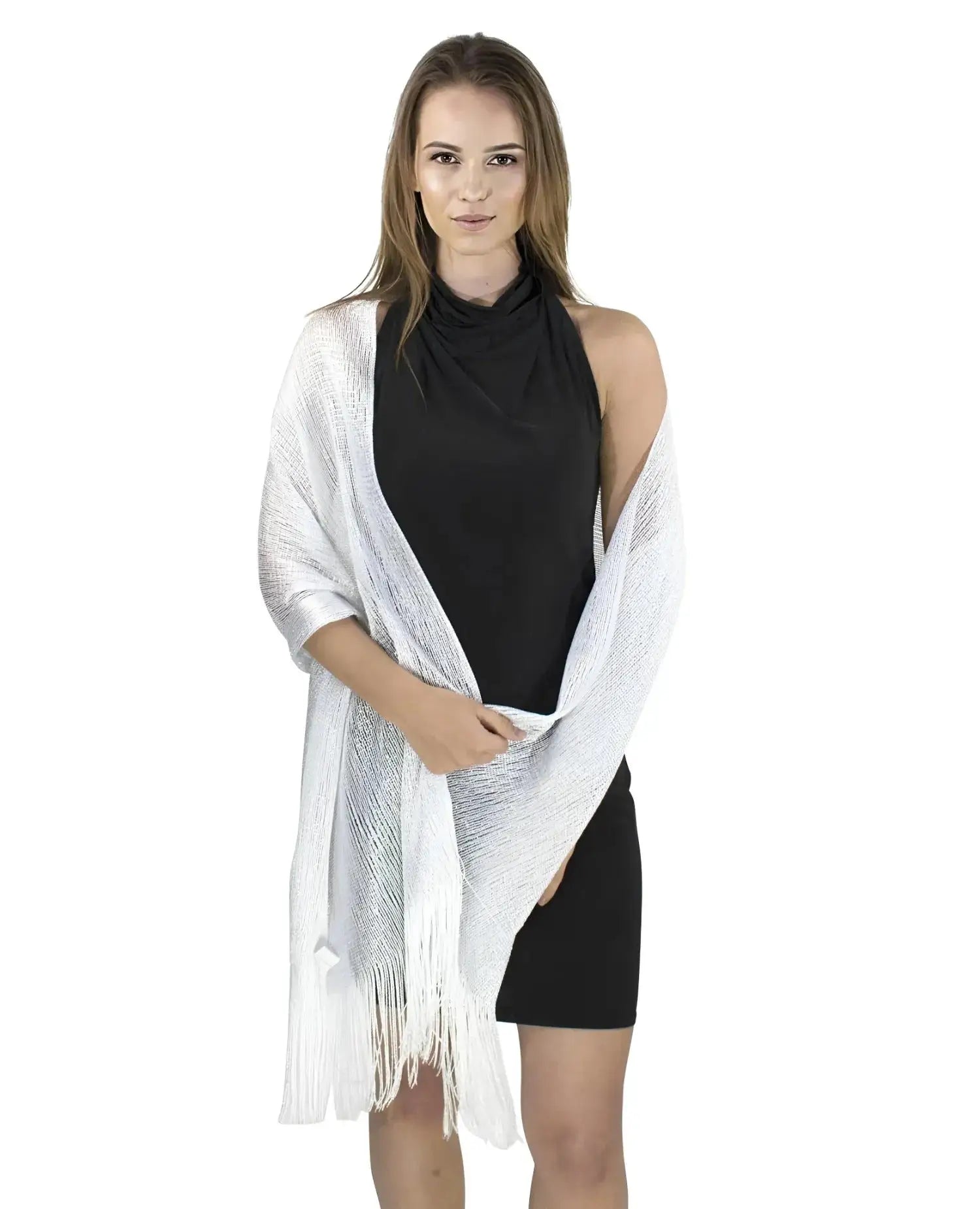 Woman wearing a white shimmering lurex fishnet evening shawl.