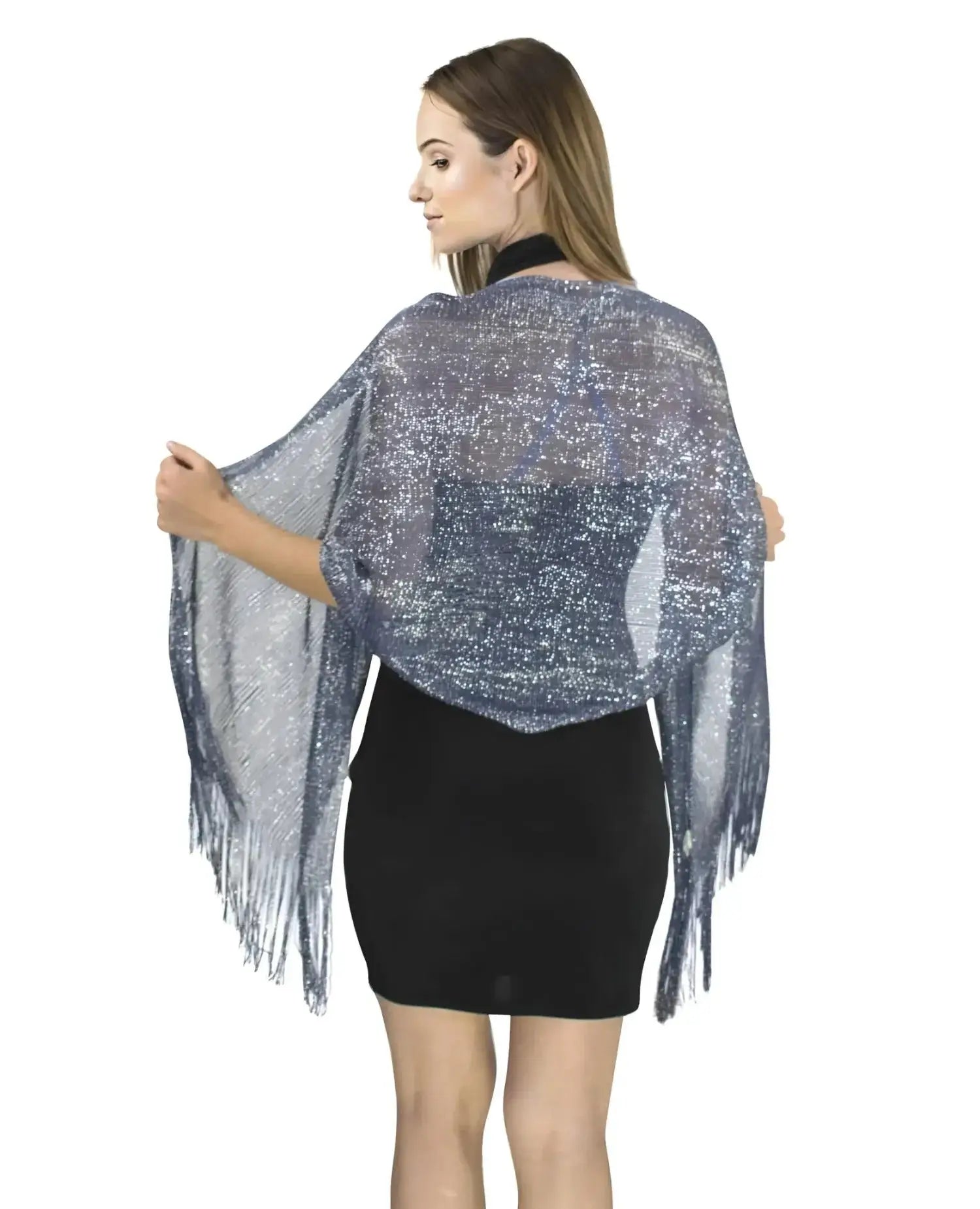 Woman wearing blue and silver shimmering lurex fishnet shawl