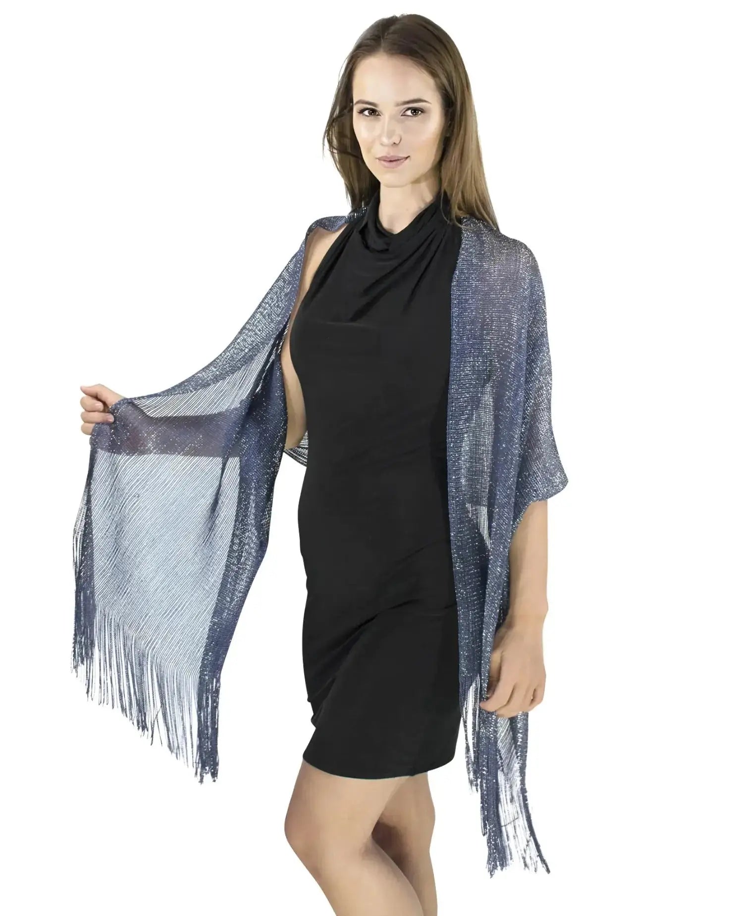 Woman wearing blue and white shimmering lurex fishnet scarf.