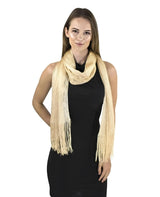 Shimmering lurex fishnet scarf with fringes in evening shawl design.