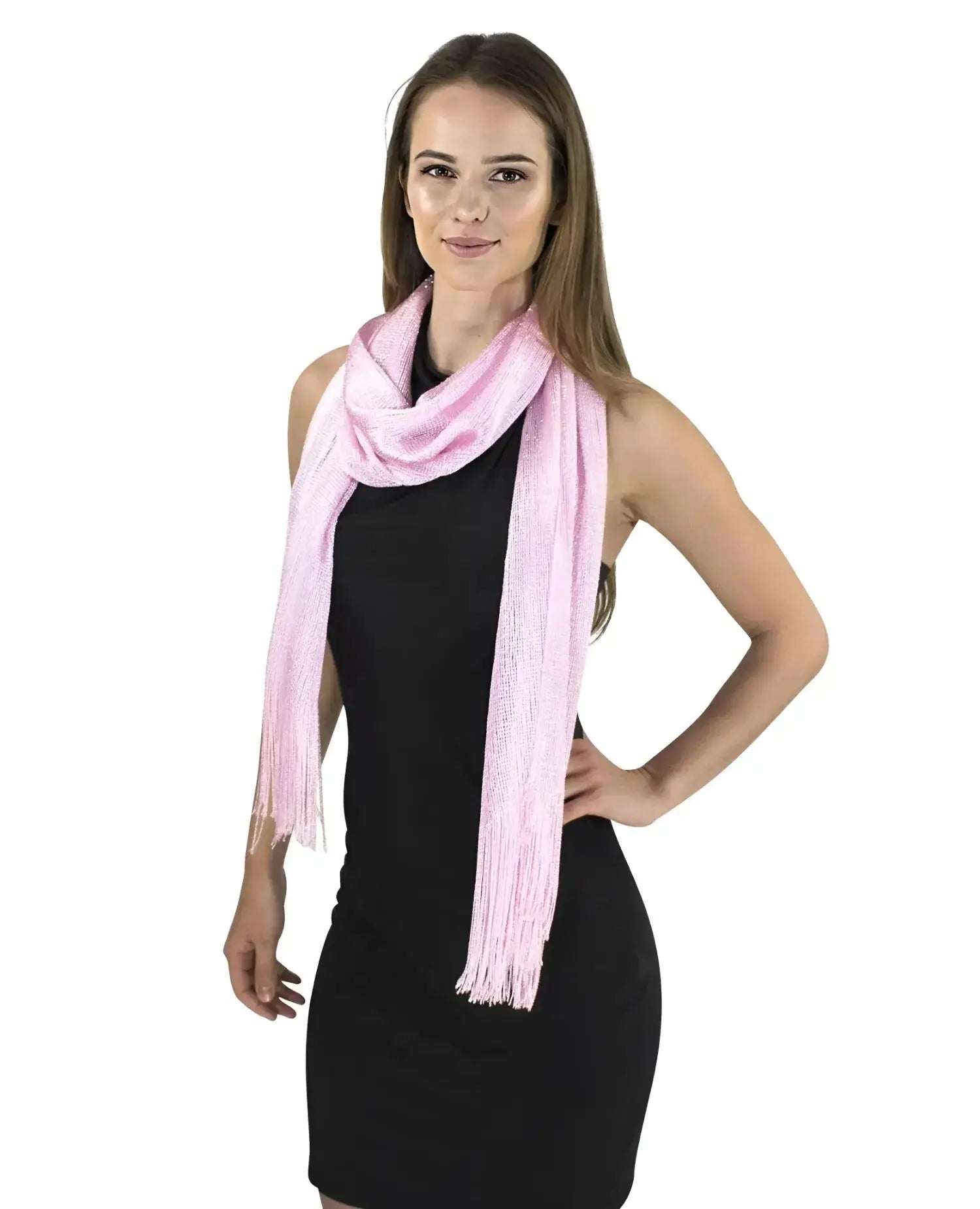 Woman wearing a pink shimmering lurex fishnet scarf