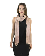 woman wearing shimmering lurex fishnet pink scarf