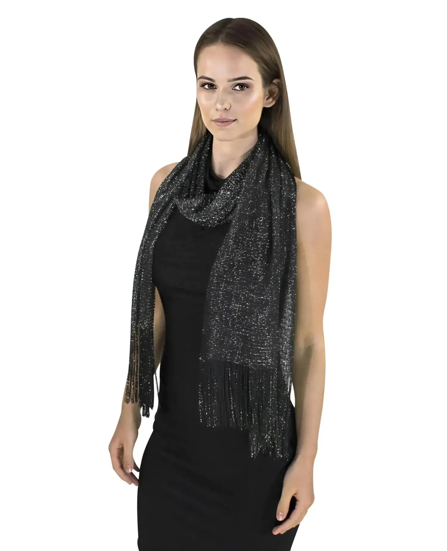 Woman wearing black dress and silver shimmering lurex scarf from Shimmering Lurex Scarf Fishnet Evening Shawl Scarves.