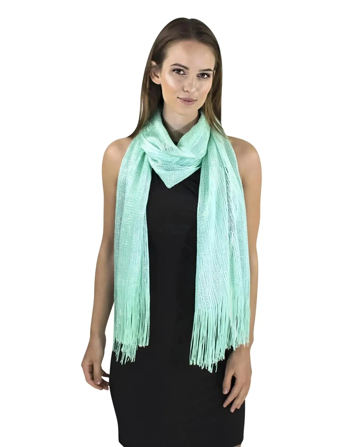 Woman wearing mint green shimmering lurex fishnet scarf