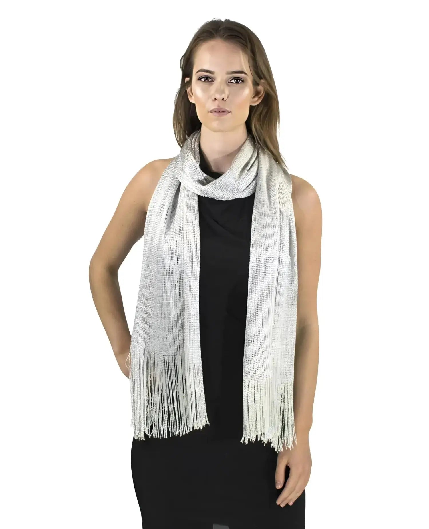 White scarf woman shimmering lurex fishnet evening shawl scarf.