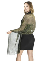 Woman wearing shimmering lurex fishnet scarf from Shimmering Lurex Scarf Fishnet Evening Shawl Scarves