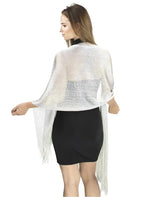 Shimmering lurex fishnet evening shawl scarf with fringes worn by woman