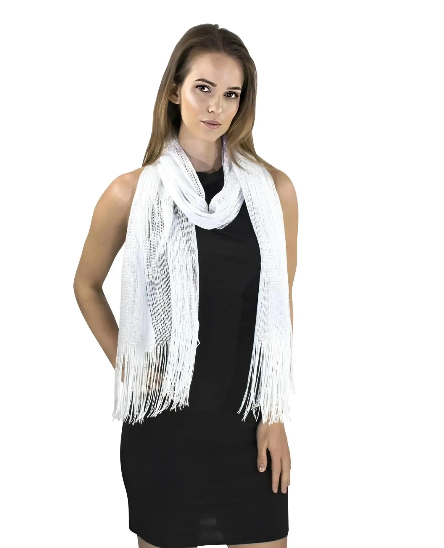 Woman wearing white shimmering lurex fishnet evening shawl scarf.