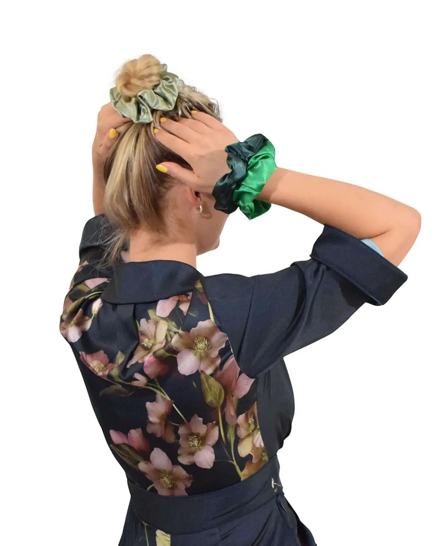 Shimmering Soft Satin Hair Scrunchies: Woman in Green Headband Flaunting Floral Print Top