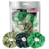 Luxurious Shimmering Soft Satin Hair Scrunchies in Green, White, and Black