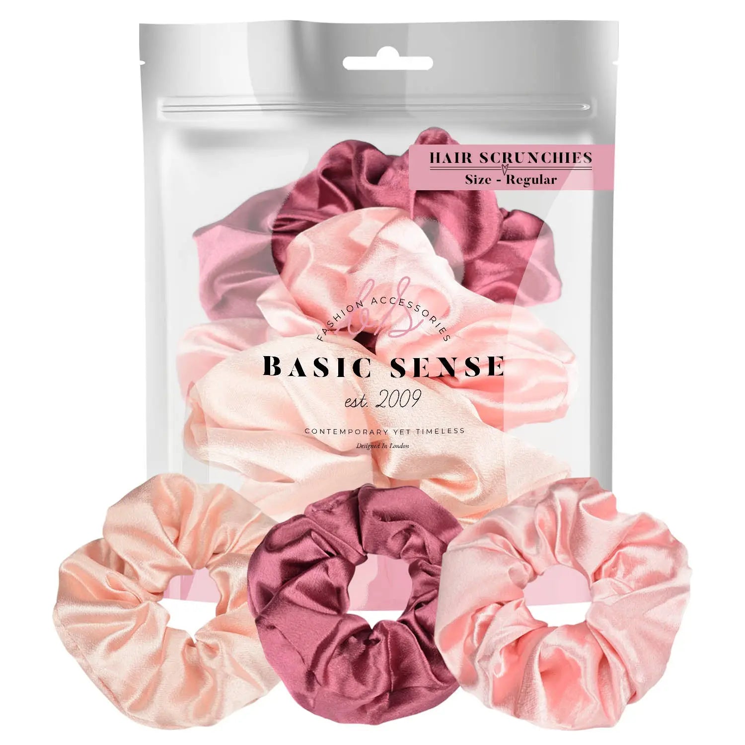 Shimmering Soft Satin Hair Scrunchies in Pink and Pink multipack