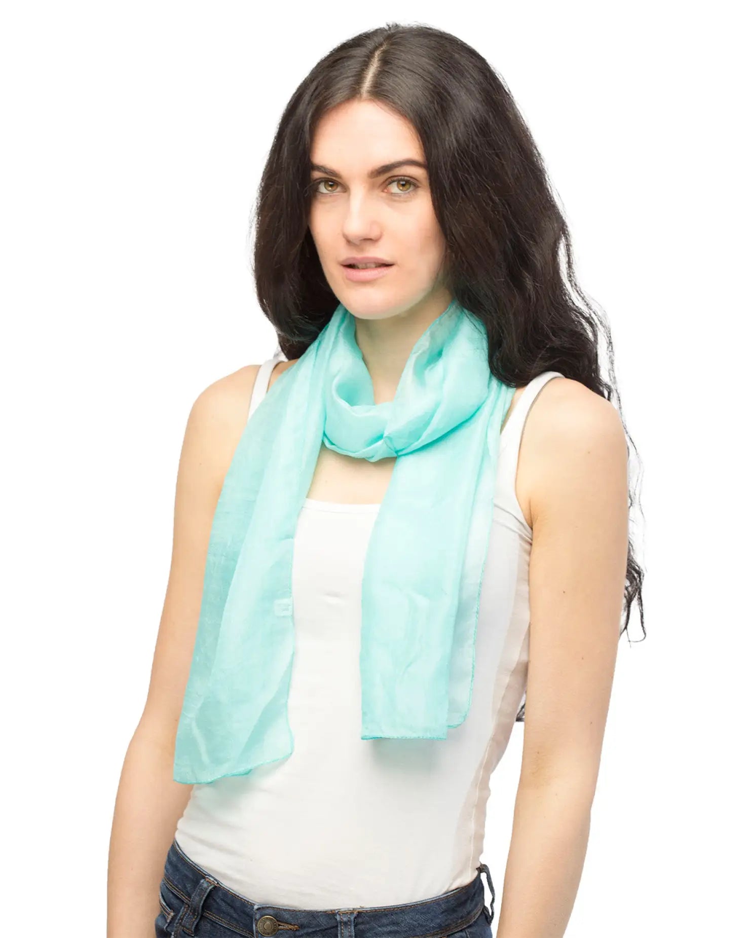 Woman wearing mint green pure silk scarf.