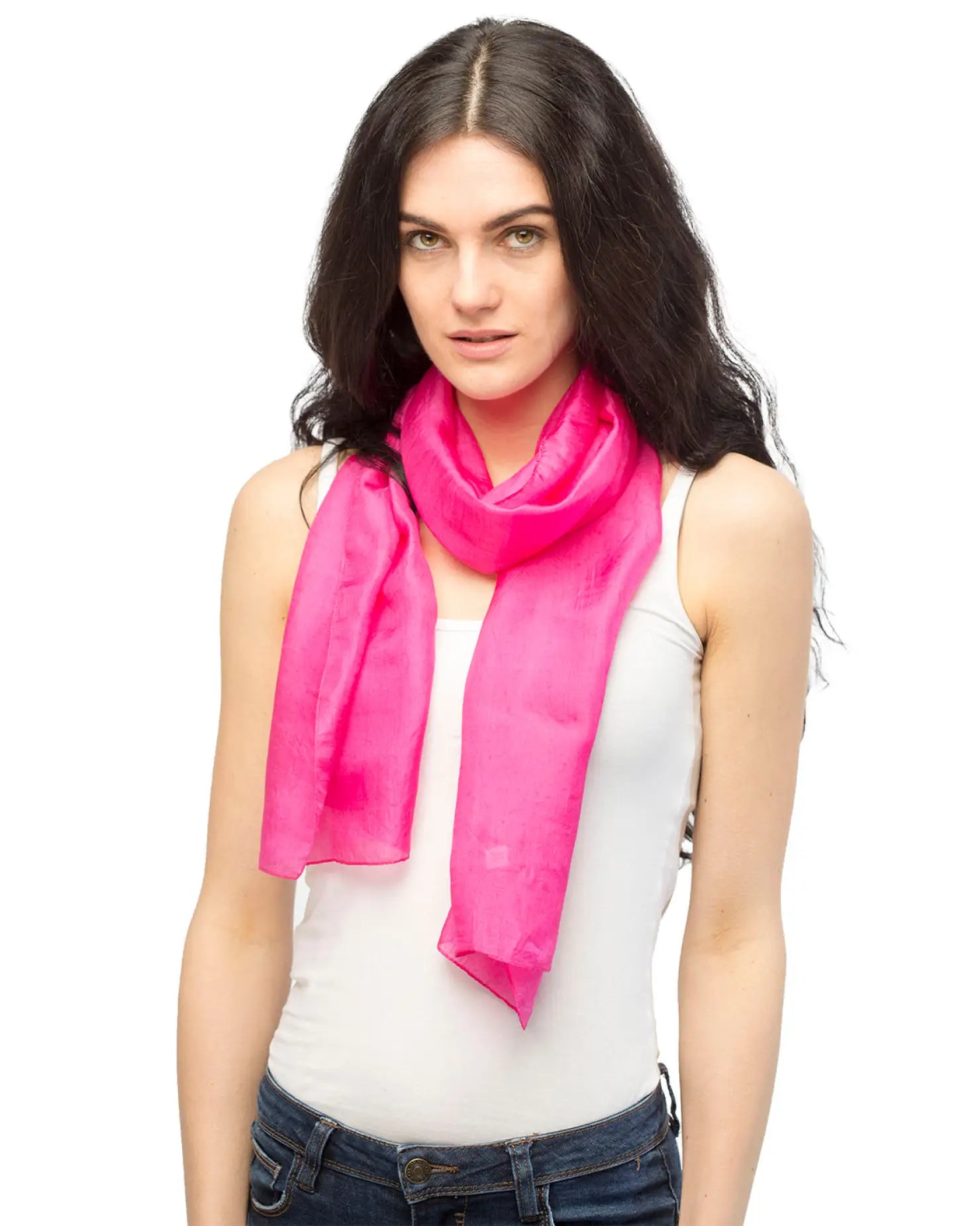 woman wearing pink pure silk scarf