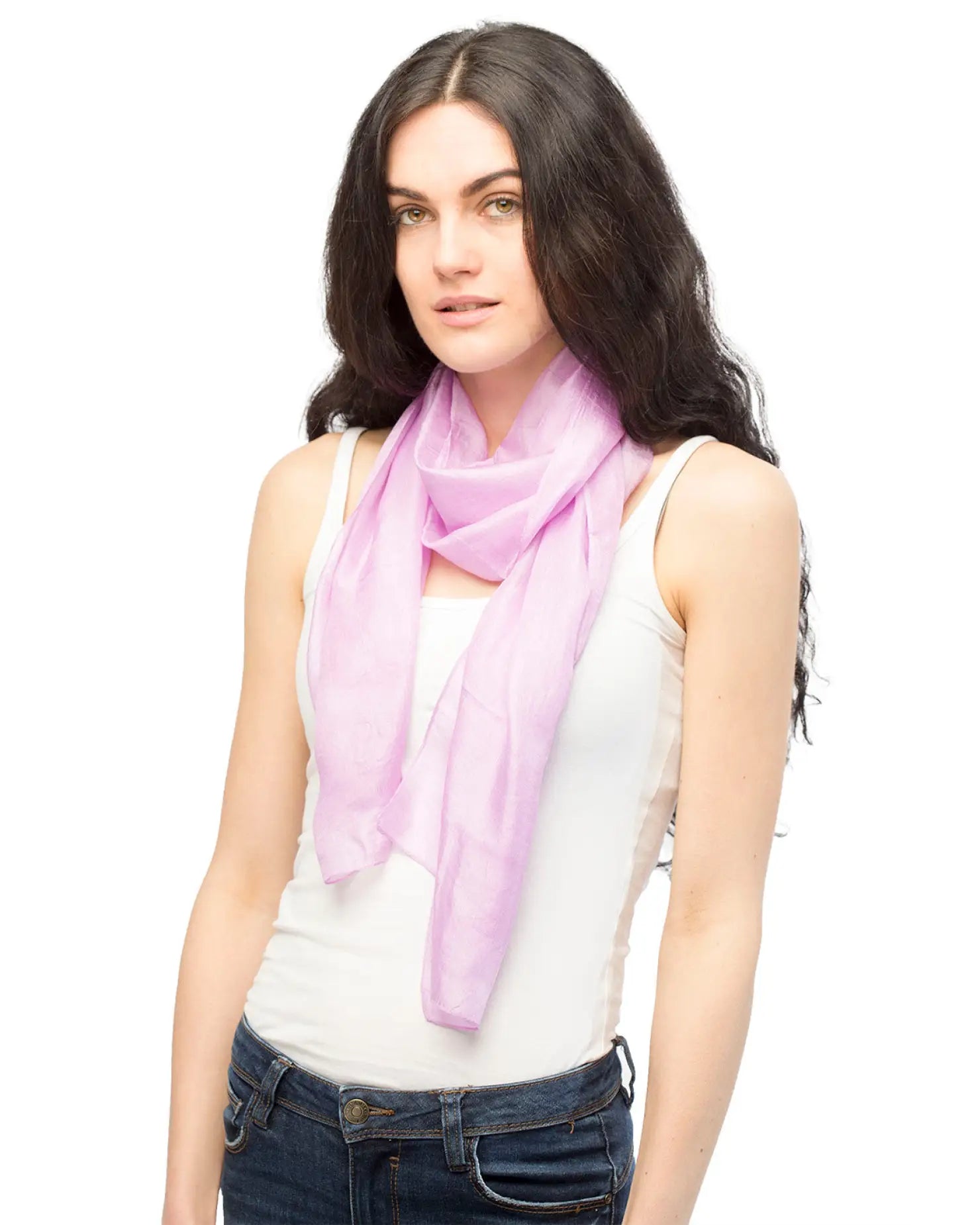 Pure silk lightweight scarf in pink being worn by woman